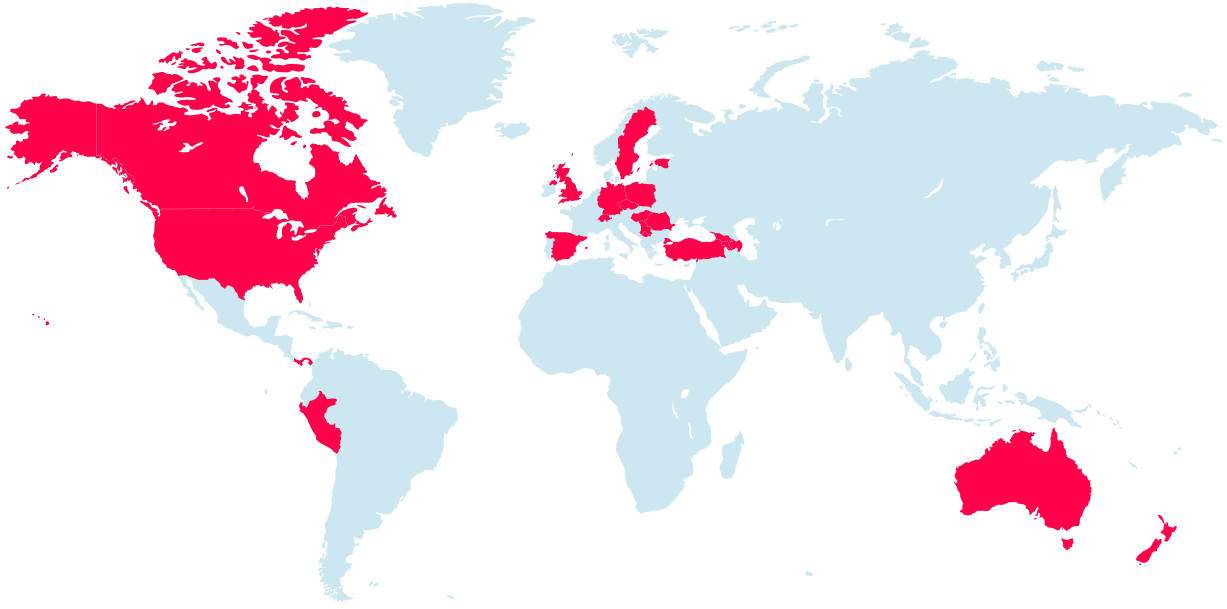 Svetska mapa sa zemljama u kojima je Brick aktivan koje su obeležene crvenom bojom