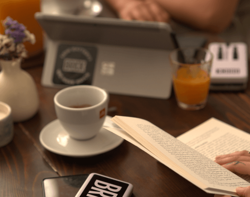 Mulher a ler um livro enquanto carrega o telemóvel com um Brick