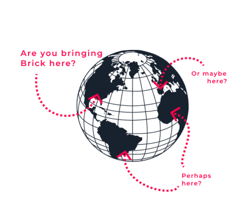 Światowy globus z oznaczeniami miejsc, w których działa Brick