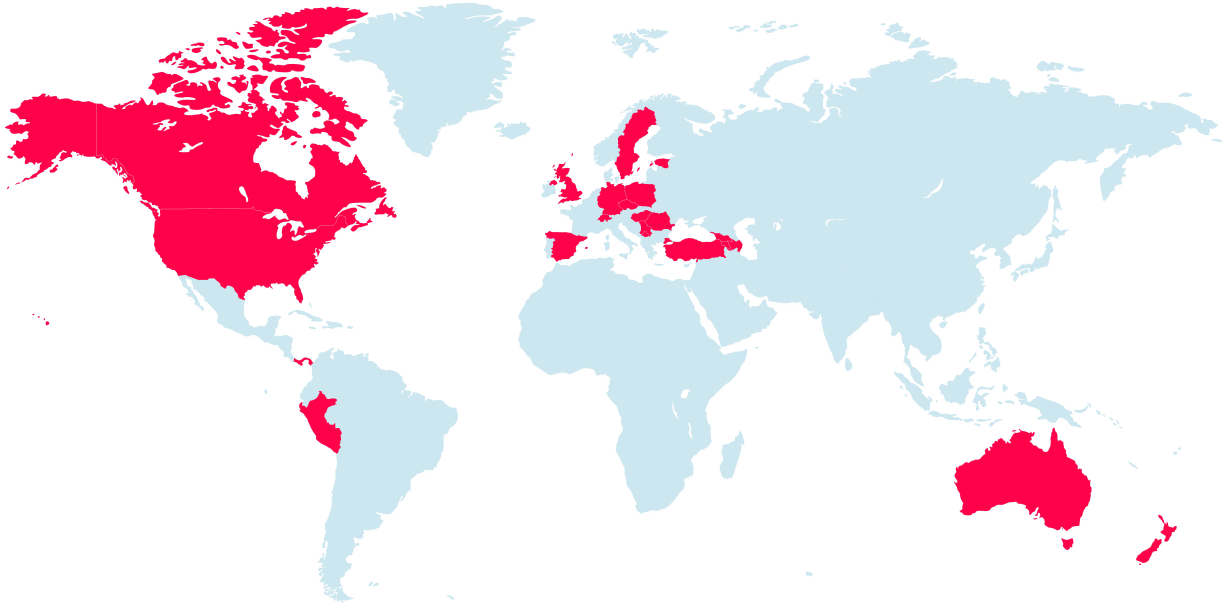 A world map with active countries marked red